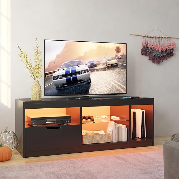 JUMMICO TV Stand, Entertainment Center LED Gaming TV Stand for 65+ Inch TV Carbon Fiber Top, Dynamic RGB Modes TV Cabinet Console with Adjustable Glass Shelves Storage Drawers (Black)
