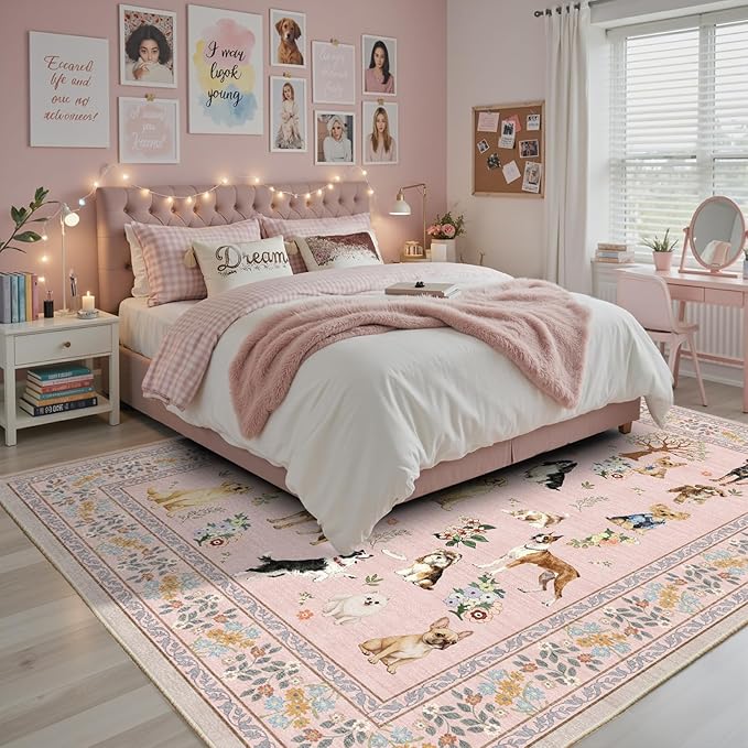 Pink Living Room Rugs 5x7, Dogs Area Rugs for Bedroom Ultra-Thin Soft, Non-Slip Washable Rugs Stain Resistant Boho Rug Low-Pile Throw Rug for Dining Room Office (5 x 7, Pink)