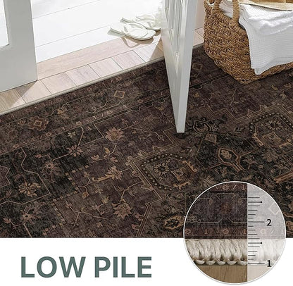 GENIMO 6x9 Area Rugs for Living Room, Machine Washable Rug, Non Slip Indoor Vintage Rug, Low Pile Lightweight Chenille Print Carpet for Bedroom Dining Room Home Office, Charcoal Brown