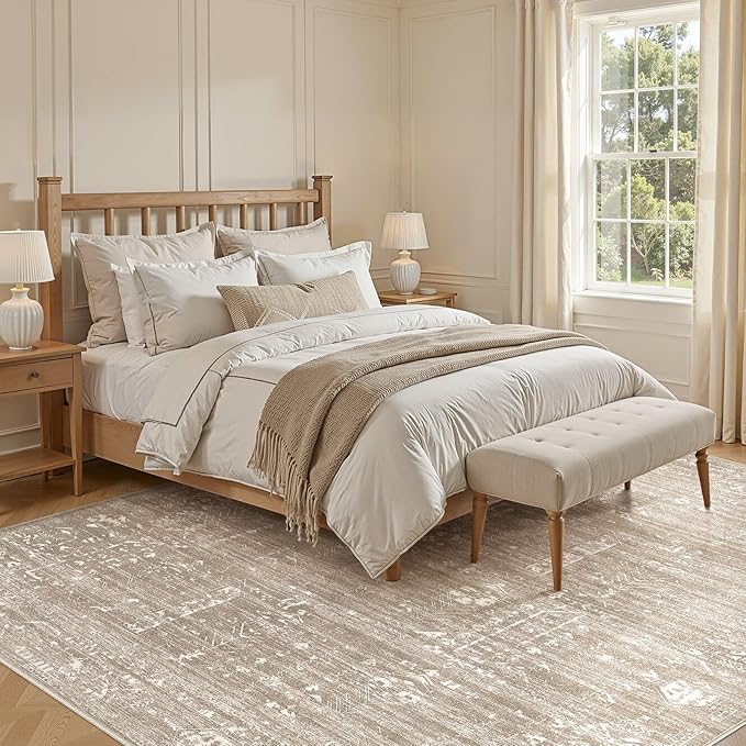 Area Rug for Living Room - 9x12 Soft Washable Oriental Vintage Floral Distressed Large Carpet - Fade Stain Resistant Non Slip Rugs for Bedroom Dining Room Nursery Dorm Office Home Decor - Camel