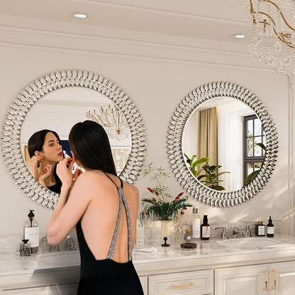 Kelly Miller 36" Large Round Jeweled Wall Mirror, Luxury Diamond Beveled Decorative Mirror for Bedroom Living Room Bathroom Hallway Entryway Fireplace