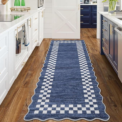 Rug Runners for Hallways 2x8 Washable Kitchen Runner Rug Non Slip Low Pile Bedside Throw Carpet Modern Bordered Bathroom Runners Checkered Area Rug for Living Room Bedroom Entryway Nursery, Blue