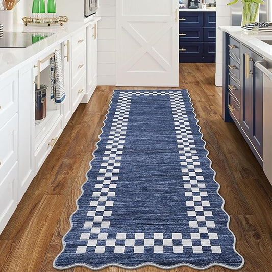 Rug Runners for Hallways 2x8 Washable Kitchen Runner Rug Non Slip Low Pile Bedside Throw Carpet Modern Bordered Bathroom Runners Checkered Area Rug for Living Room Bedroom Entryway Nursery, Blue