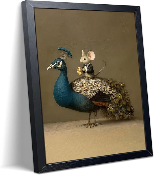 Funny Peacock & Mouse Canvas Wall Art, Abstract Animal Canvas Print Poster, A Funny Mouse Riding a Peacock Wall Decor Painting, for Living Room Bedroom Bathroom Decor 8x10 Inch Framed