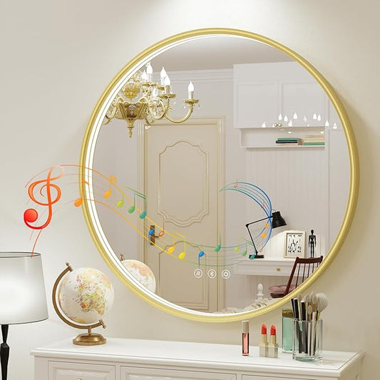 36 Inch Round LED Bathroom Mirror with Bluetooth, 3 Color Temperatures (3000K/4500K/6000K), Anti-Fog, Adjustable Brightness, CRI 90+, Gold Frame Round Mirror with Light