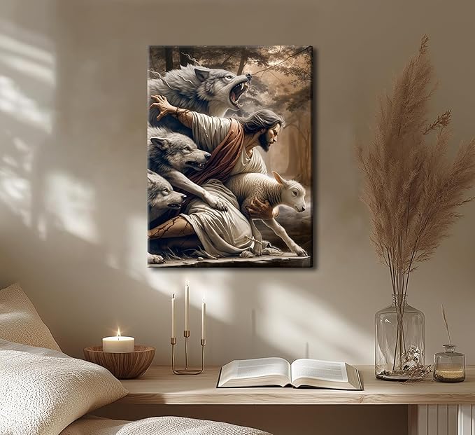 Jesus and Lamb Canvas Wall Art Jesus Saves the Lost Sheep Christian Wall Decor Painting Shepherd Protect a Lamb from Wolves Picture Poster Print Artwork for Living Room Bedroom Church Decor 12x16in