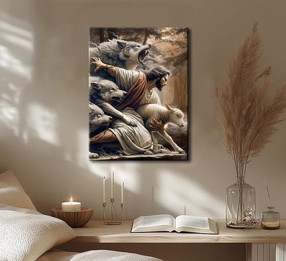 Jesus and Lamb Canvas Wall Art Jesus Saves the Lost Sheep Christian Wall Decor Painting Shepherd Protect a Lamb from Wolves Picture Poster Print Artwork for Living Room Bedroom Church Decor 24x36in