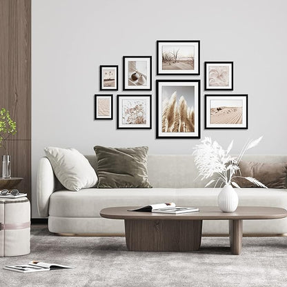 ArtbyHannah Gallery Wall Frame Set, 8 Pack Picture Frames Collage Wall Decor with Neutral Pampas Grass Art for Living Room, Assorted Size Including 11"x14", 8"x10", 5"x7"(Black Frame)
