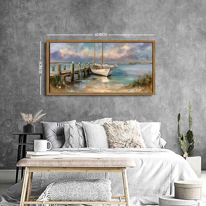 Abstract Ocean Framed Wall Art Coastal Room Decor Rustic Beach Rowboat Landscape Picture Canvas Prints for Living Room Cottagecore Decor Seaside Poster Sea View Painting Artwork Home Decoration 30x57.8"