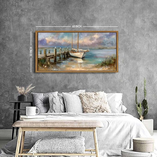 Abstract Ocean Framed Wall Art Coastal Room Decor Rustic Beach Rowboat Landscape Picture Canvas Prints for Living Room Cottagecore Decor Seaside Poster Sea View Painting Artwork Home Decoration 30x57.8"