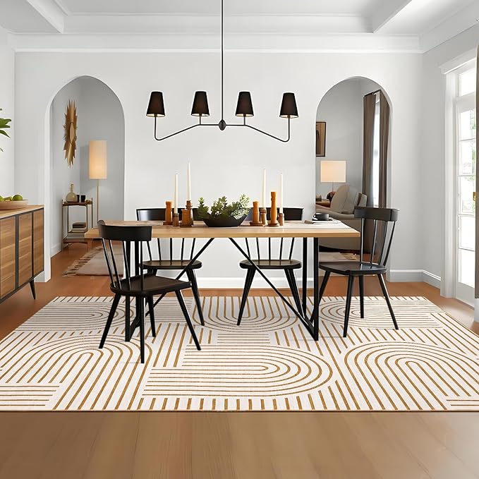 ROYHOME Washable Rug 9x12 Area Rugs for Living Room, Abstract Rug for Bedroom, Soft Rainbow Non Slip Throw Rugs with Rubber, Low Pile Stain Resistant Boho Geometric Carpet for Dining Room, Orange