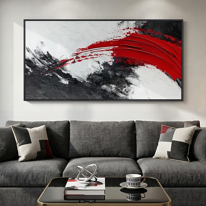 Extra Large Framed Red Black and White Abstract Wall Art for Living Room, Oversized Modern Horizontal Canvas Prints Artwork for Walls, Minimalist Pictures for Bedroom Office Hallway Wall Decor 30x60 In