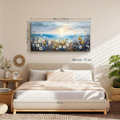 crmotu Coastal Beach Scenery Wall Art, Daisy Wildflower Large Botanical Prints, Seaside Sunset Landscape Canvas Painting, Floral Modern Wall Decor Living Room Bedroom Home Office Artwork 24X48 In