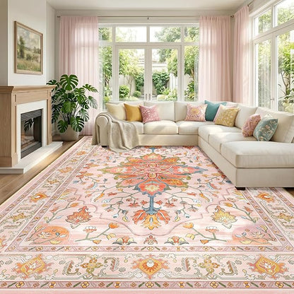 RELEANY Area Rugs 10'x12' Washable Non-Slip, Floral Vintage Distress Print Pattern Medallion Carpet for Living Room Bedroom Dining Room, Light Pink Colorful