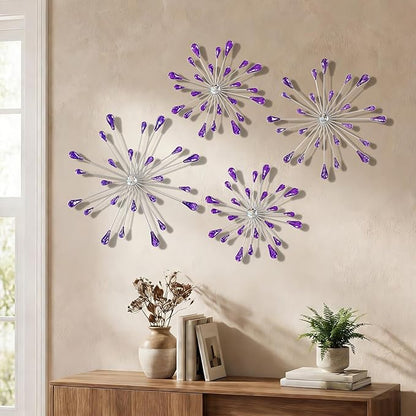ZEXUIRU 4 Pcs Purple Starburst Wall Decor Metal Bling Wall Art Crystal Accents 3D Modern Decoration Glam Hanging Sculptures for Living Room Bedroom Office Teen Girl Room – Easy to Hang Home Decor Set