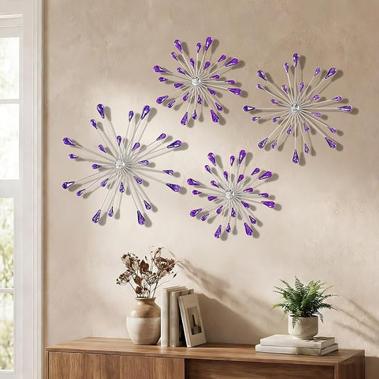ZEXUIRU 4 Pcs Purple Starburst Wall Decor Metal Bling Wall Art Crystal Accents 3D Modern Decoration Glam Hanging Sculptures for Living Room Bedroom Office Teen Girl Room – Easy to Hang Home Decor Set