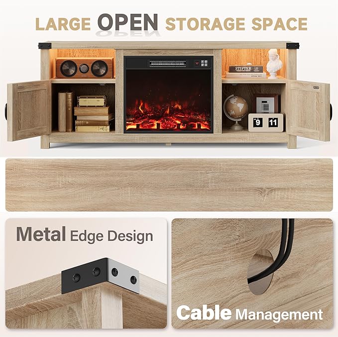 Furmax LED Entertainment Center with Fireplace, Fireplace TV Stand with Storage Cabinets and 2 Open Shelves, Modern Media TV Console for Living Room (Light Oak)