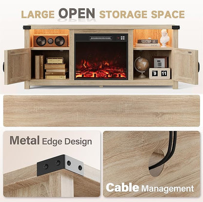 Furmax LED Entertainment Center with Fireplace, Fireplace TV Stand with Storage Cabinets and 2 Open Shelves, Modern Media TV Console for Living Room (Light Oak)