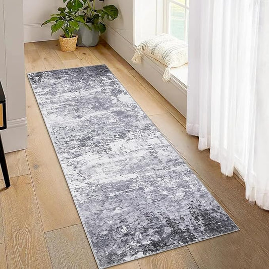 ROYHOME Modern Abstract Runner Rug 2x10 Washable Non Slip Stain Resistant Rug for Bedroom Living Room Non Shedding Low Pile Indoor Floor Cover,Light Grey