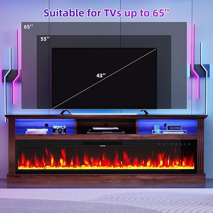 58" Fireplace TV Stand, TV Stand with 52" Fireplace, LED Light Entertainment Center with Storage Cabinets, Modern Media TV Console TV Table for Living Room, Brown