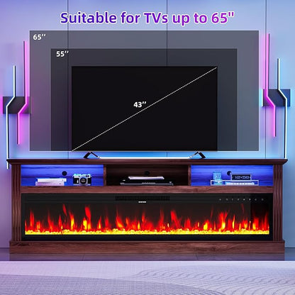58" Fireplace TV Stand, TV Stand with 52" Fireplace, LED Light Entertainment Center with Storage Cabinets, Modern Media TV Console TV Table for Living Room, Brown