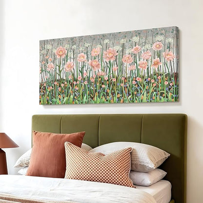 Large Pink Green And White Plant Wall Art For The Living Room， Natural Landscape Wildflower Canvas Print Picture， Modern Country Style Artwork For Living Rooms, Bedrooms, Kitchens, Dining Rooms, And Hallways. 48X24 Inches.