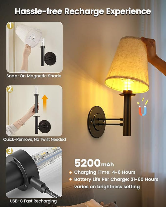 TECOMLIGHT Rechargeable Battery Operated Wall Sconce Set of 2, Wireless LED Wall Lights with Remote & Touch Control, Wall Mounted Lamp Lighting Fixtures for Bedroom Living Room, Matte Black