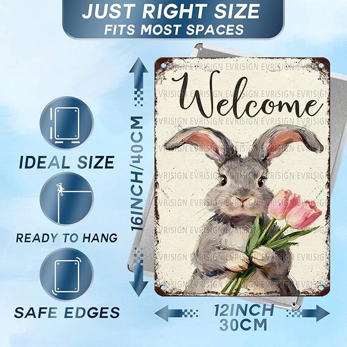 Funny Bunny Tulip Welcome Metal Sign Easter Spring Decor Rabbit Lovers Gift Rustic Farmhouse Wall Art For Home Porch Entryway 12x16Inch