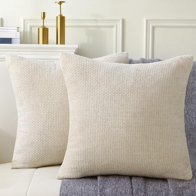 18" x 18" Decorative Throw Pillow with Inserts, Set of 2 Soft Modern Farmhouse Weave Pattern Throw Pillows, Square Boho Pillow for Couch, Bed, Sofa Decor (Beige, 18" x 18"(Pack of 2))