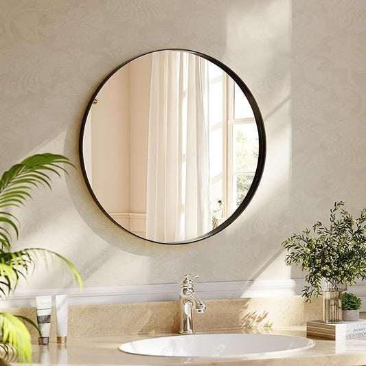 24 inch Round Bathroom Mirror, Wall Mounted Circle Mirror with Black Metal Deep Frame for Living Room, Hallway, Entryway as Wall Decor, Hanging or Leaning