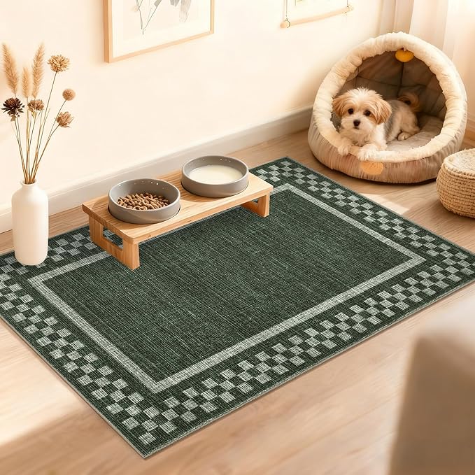 Small Area Rug 2x3 Modern Checkered Entry Rug Solid Color Scalloped Kitchen Rugs Washable Bedroom Doormat Non Slip Stain Resistant Bordered Throw Carpet for Living Room Nursery Laundry, Green