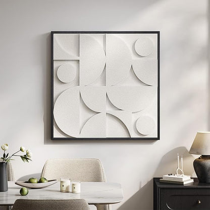 Large 3D Textured Framed White Abstract Wall Art for Living Room, Modern Geometric Sandstone Texture Paintings Artwork for Walls, White Minimalist Pictures for Bedroom Hallway Wall Decor 30x30 In