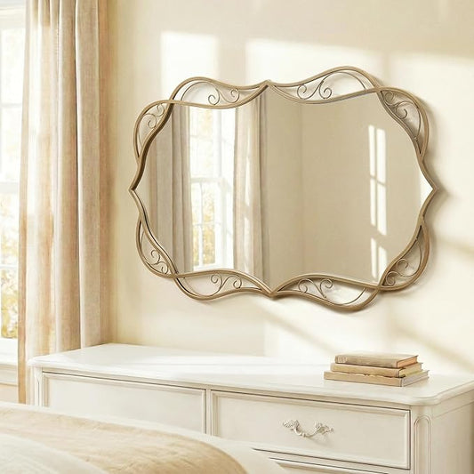Besdomus Vintage Gold Bathroom Mirror: 24"x36" Scalloped Modern Large Bathroom Vanity Mirrors for Over Sink - Farmhouse Decorative Vertical or Horizontal Hanging for Living Room/Fireplace/Bathroom