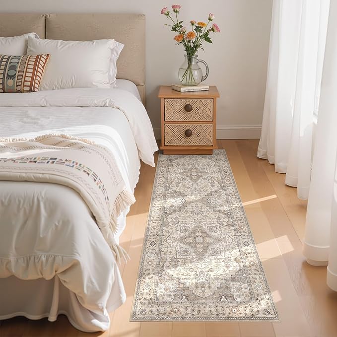 EIEIHOUSE Washable 2x6 Runner Rug - Area Rugs Neutral Vintage Distressed Floral Farmhouse Boho Large Soft Floor Rug Indoor Carpet for Hallway Entryway Bedroom Kitchen - Brown/Multi