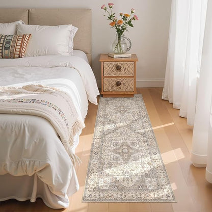 EIEIHOUSE Washable 2x6 Runner Rug - Area Rugs Neutral Vintage Distressed Floral Farmhouse Boho Large Soft Floor Rug Indoor Carpet for Hallway Entryway Bedroom Kitchen - Brown/Multi