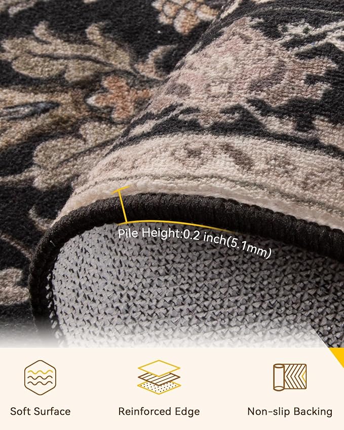 RELEANY Area Rugs 10'x14' Washable Non-Slip, Floral Vintage Distress Print Pattern Medallion Carpet for Living Room Bedroom Dining Room, Black Brown Neutral Dark Tan