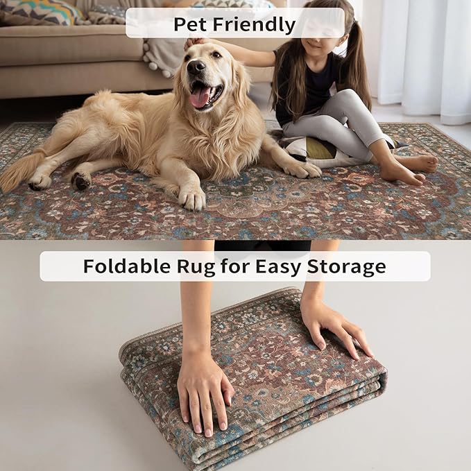 Tangsoo Vintage 3x5 Rug for Bedroom,Non-Slip Soft Low Pile Red Brown Indoor Area Rug,Washable Boho Carpet for Front Porch Living Room Patio Entryway