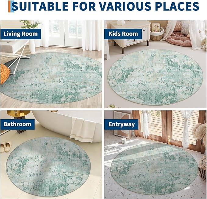 ROYHOME Modern Abstract 6x6 Round Area Rug Non Slip Non Shedding Rug Low Pile Stain Resistant for Bedroom Living Room Office Dining Room,Green