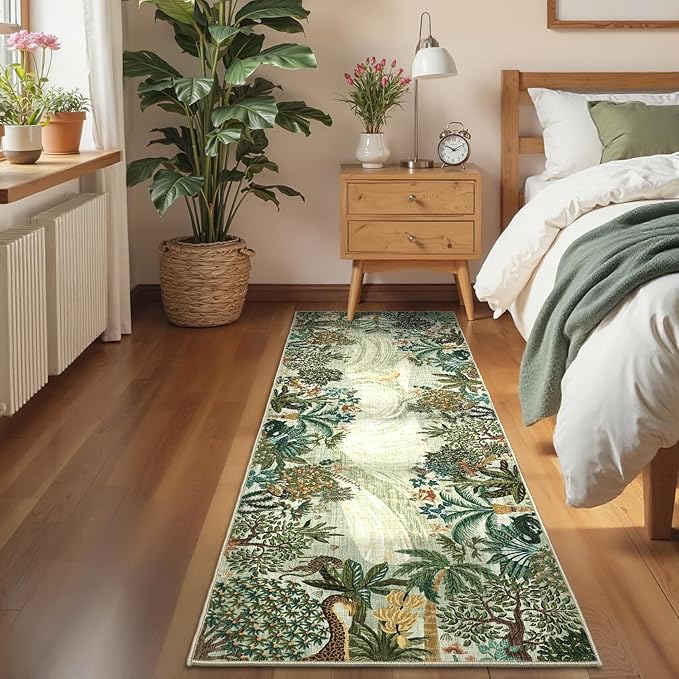 GarveeHome 2.5x8 Jungle Hallway Runner Rug, Soft Green Animal Long Kitchen Runner Non Slip Entryway Rug Farmhouse Thin Laundry Mat Stain Resistant Carpet for Bathroom Beside