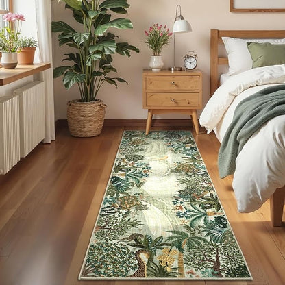 GarveeHome 2x6 Jungle Washable Runner Rug for Kitchen, Soft Animal Print Hallway Runner Non Slip Green Entryway Rug Farmhouse Laundry Mat Stain Resistant Carpet for Bedroom Bathroom