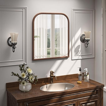 28"x32" Arch Wall Mirror for Wall, Wall Mounted Vanity Mirror for Bedroom, Wood Grain Finish Frame Mirror with Tempered Glass, Vintage Decorative for Bathroom, Entryway, Living Room, Walnut