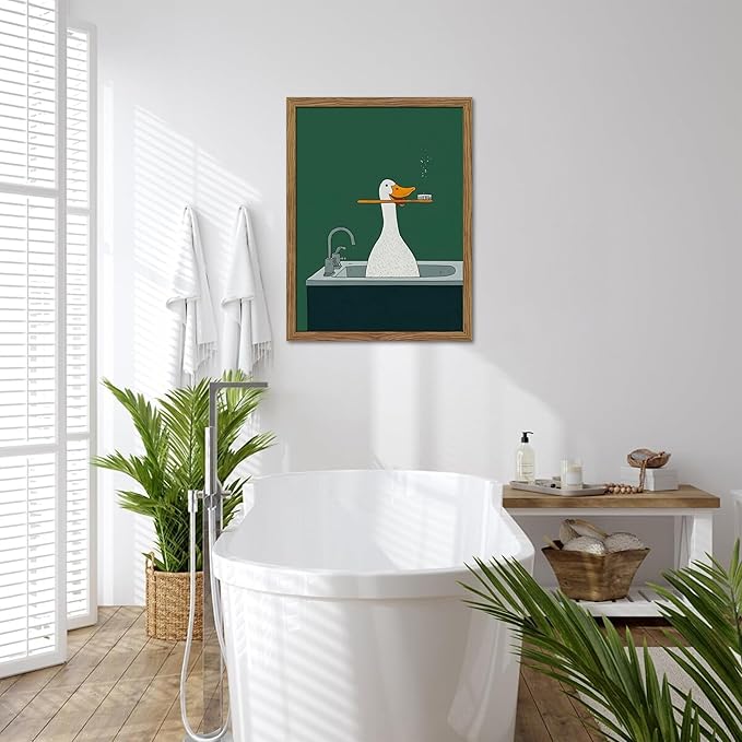 Framed Silly Goose Wall Art Bathroom Art Wall Decor Set of 3, Funny Gooses Poster Print, Dark Green Nursery Decor, Cute Animal Pictures Canvas for Kids Bathroom Washroom – 12x16 inch