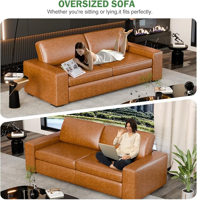 ELUCHANG 85" Faux Leather Couch, 2 Piece Mid-Century Modern Loveseat Sofa with Extra Deep Seat, Upholstered Cushion&Solid Wooden Frame, Comfy Couch for Living Room, Brown