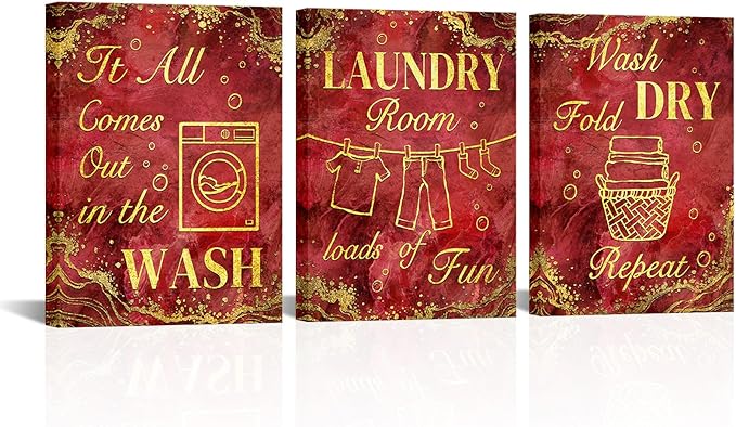 sechars Laundry Room Wall Art Wash Dry Fold Laundry Sign Painting Canvas Prints Red and Gold Bathroom Laundry Decor (Red)