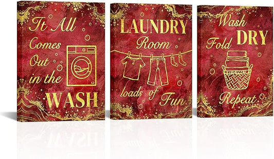 sechars Laundry Room Wall Art Wash Dry Fold Laundry Sign Painting Canvas Prints Red and Gold Bathroom Laundry Decor (Red)