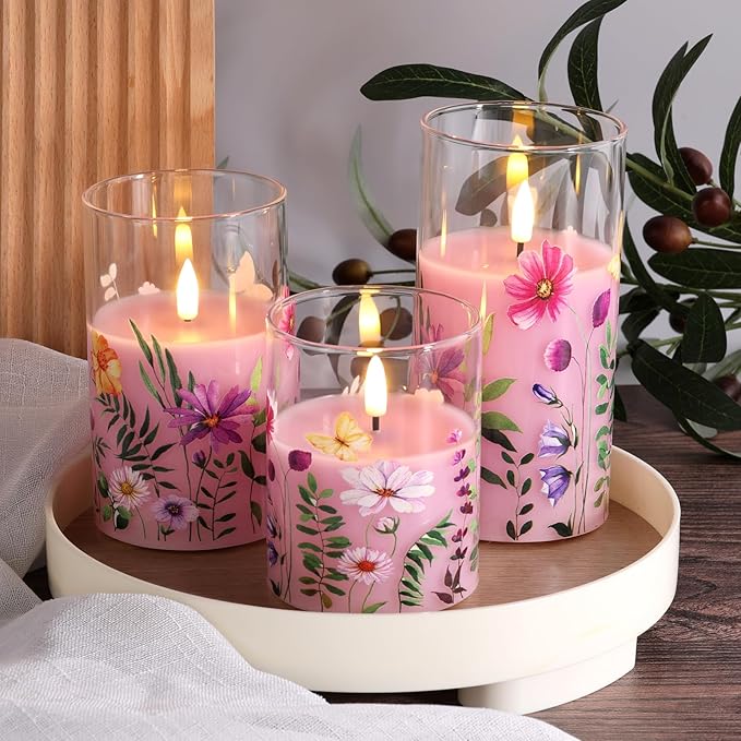 Eywamage Pink Floral Glass Flameless Candles with Remote, Flickering Spring LED Pillar Candles Battery Operated Home Decor Set of 3