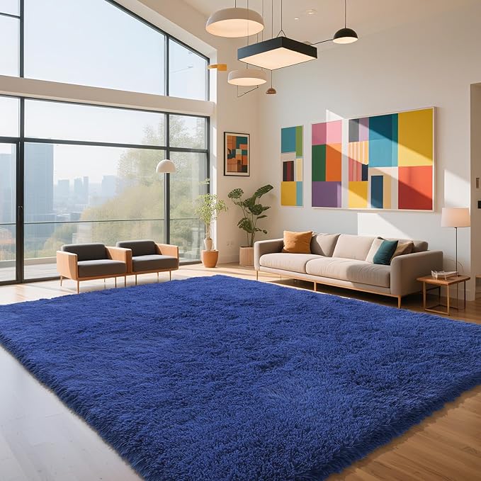 Blue Fluffy Rug Shag Area Rug, 9x12 Area Rugs for Girls Bedroom, Big Soft Shag Bedside Non-Slip Plush Dorm Nursery Kids Carpet Home Decor Aesthetic