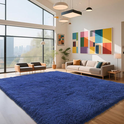 Blue Fluffy Rug Shag Area Rug, 9x12 Area Rugs for Girls Bedroom, Big Soft Shag Bedside Non-Slip Plush Dorm Nursery Kids Carpet Home Decor Aesthetic