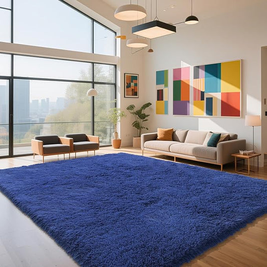 Blue Fluffy Rug Shag Area Rug, 9x12 Area Rugs for Girls Bedroom, Big Soft Shag Bedside Non-Slip Plush Dorm Nursery Kids Carpet Home Decor Aesthetic