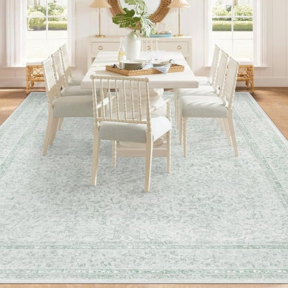 9x12 Area Rugs for Living Room: Washable Large Vintage Floral Rug Low Pile Non-Slip Boho Carpet for Bedroom Home Office Dining Room (Green, 9'x12')